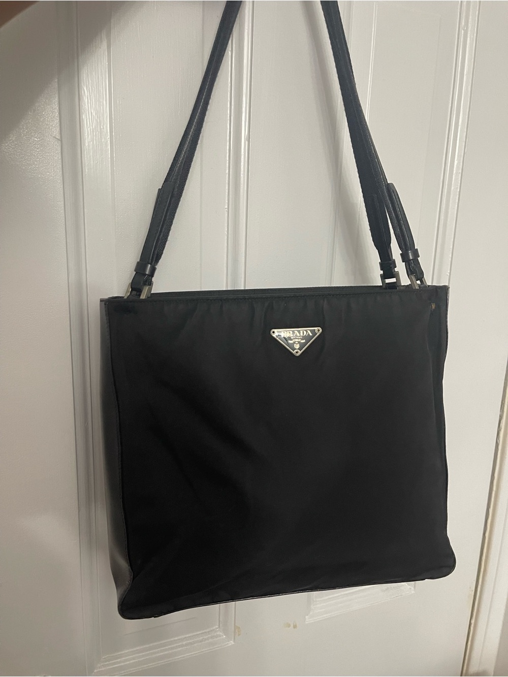 Prada Black Nylon Shoulder Bag with Silver Triangle Logo